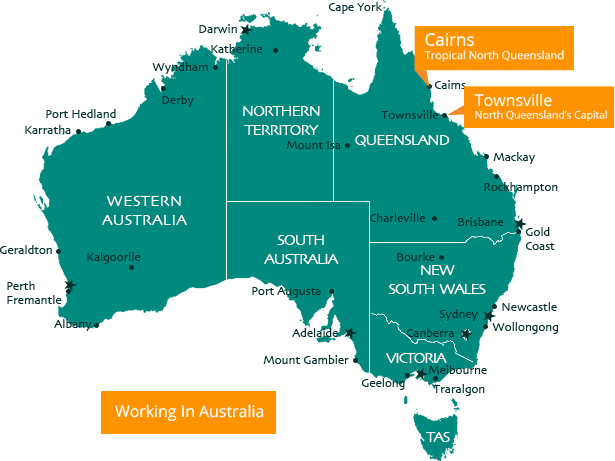 Map of Australia highlighting Cairns and Townsville in North Queensland
